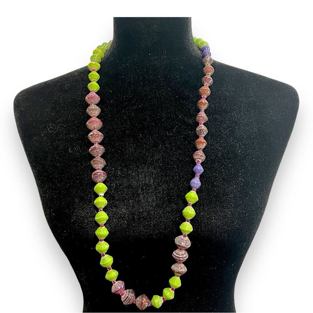 Vintage Purple Lime Green & Mauve  Beaded Necklace 18”